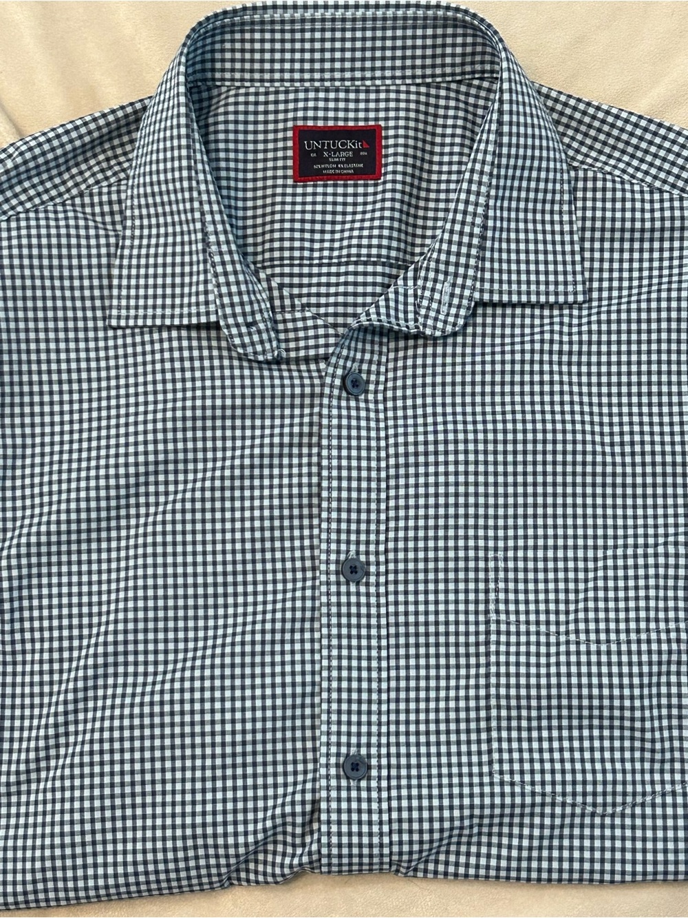 UNTUCKit Men XL Slim Fit Short Sleeve Performance Gingham Shirt Blue White 41567